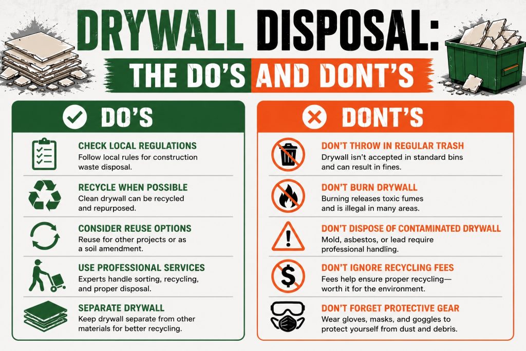 Infographic showing the do's and dont's of drywall disposal with green and orange sections covering proper recycling, disposal methods, and safety tips.